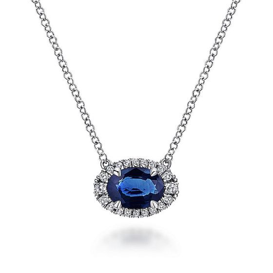 Gabriel & Co. 14K White Gold Oval Sapphire and Diamond Halo Pendant Necklace NK5385W45SA