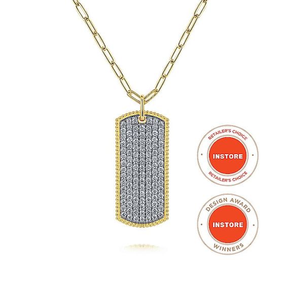 Gabriel & Co. 32 inch 14K Yellow Gold Diamond Pave' Dog Tag Hollow Chain Necklace NK6843-32Y45JJ