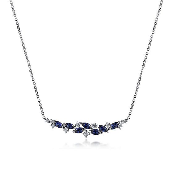 Gabriel & Co. 14K White Gold Diamond and Marquise Blue Sapphire Bar Necklace NK7252W45SA