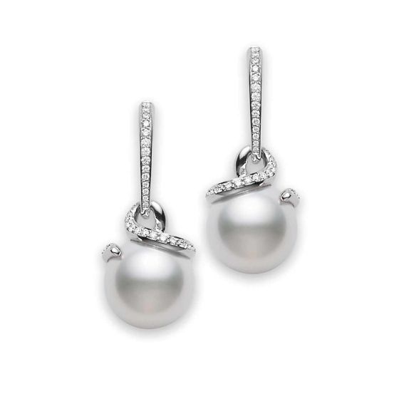 Mikimoto 18K Gold Diamond & White South Sea Twist Drop Earrings PEA1054NDW