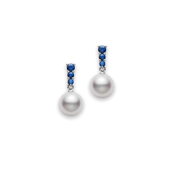 Mikimoto Morning Dew Akoya Pearl & Blue Sapphire White Gold Earrings 8mm PEA642SW
