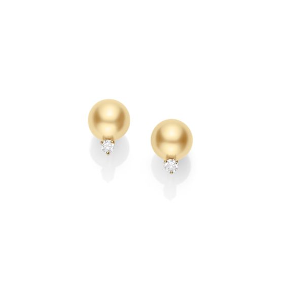 Mikimoto 18K Yellow Gold 11mm Golden South Sea & Diamond Stud Earrings PES1102GDK