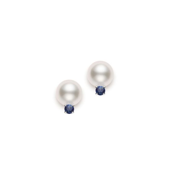 Mikimoto 18K White Gold 7.5-8mm Akoya Stud Earrings With Blue Sapphires PES752SAW