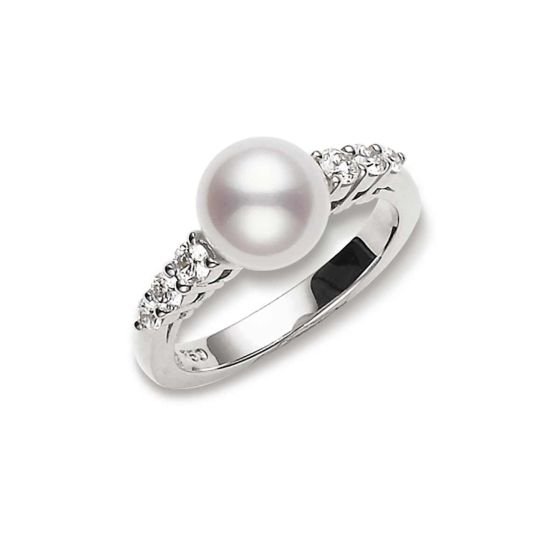 Mikimoto 18K White Gold Akoya & Diamond Side Stone Ring PRA538DW