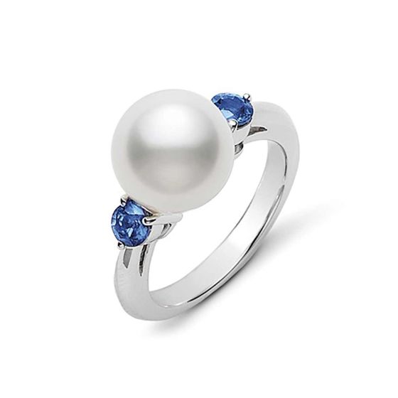 Mikimoto 18K White Gold Blue Sapphire & Akoya Pearl Ring PRA644NSW