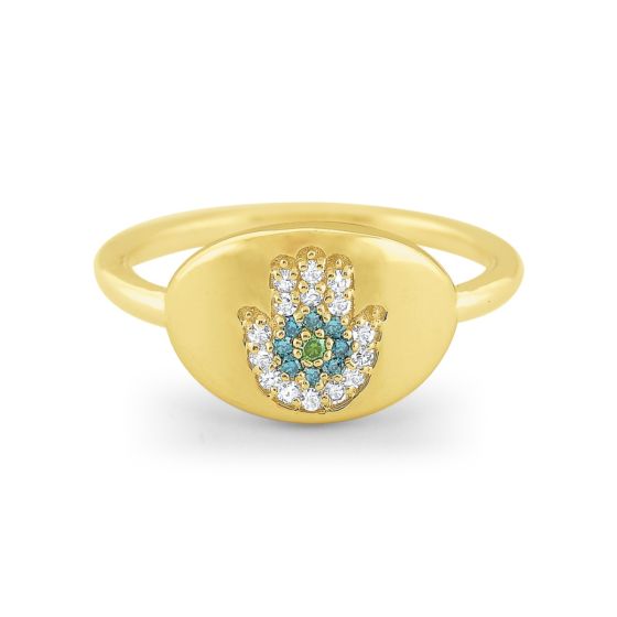James Free Signet Hamsa 14K Yellow Gold Diamond Ring