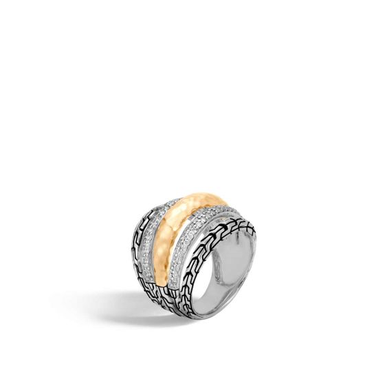John Hardy Classic Chain Silver, Hammered 18K Gold, and Diamonds Ring 