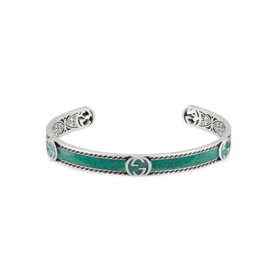 Gucci Sterling Silver Turquoise Enamel Interlocking G Cuff Bracelet 