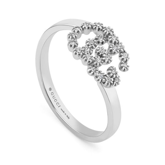 Gucci Running G White Gold Ring with Diamond Double GG
