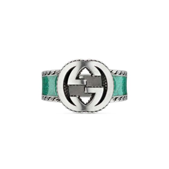 Gucci Sterling Silver Turquoise Enamel Interlocking G 14MM Ring