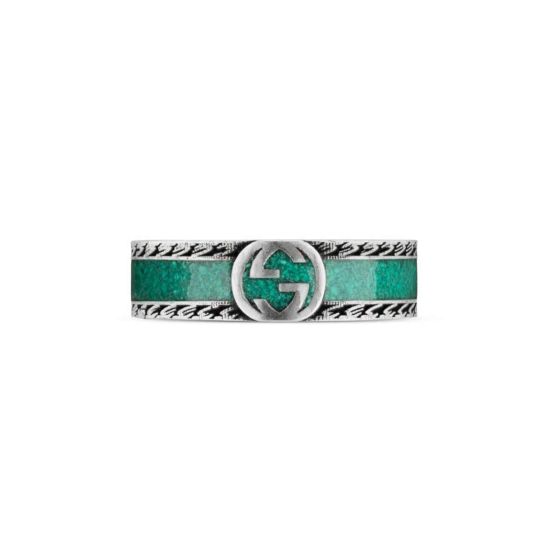 Gucci Sterling Silver Turquoise Enamel Interlocking G 6MM Ring 